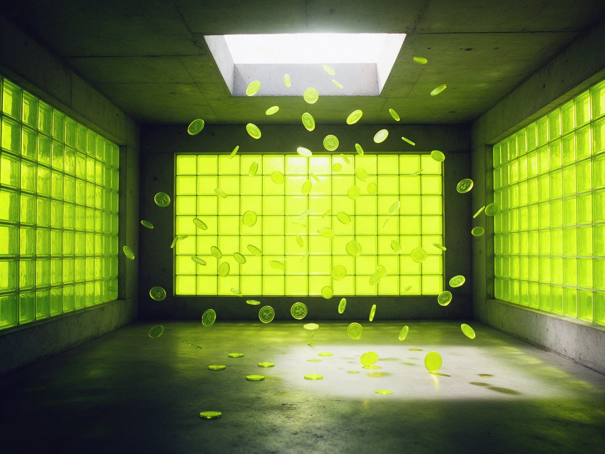 Lime coins falling into a concrete room lit from above