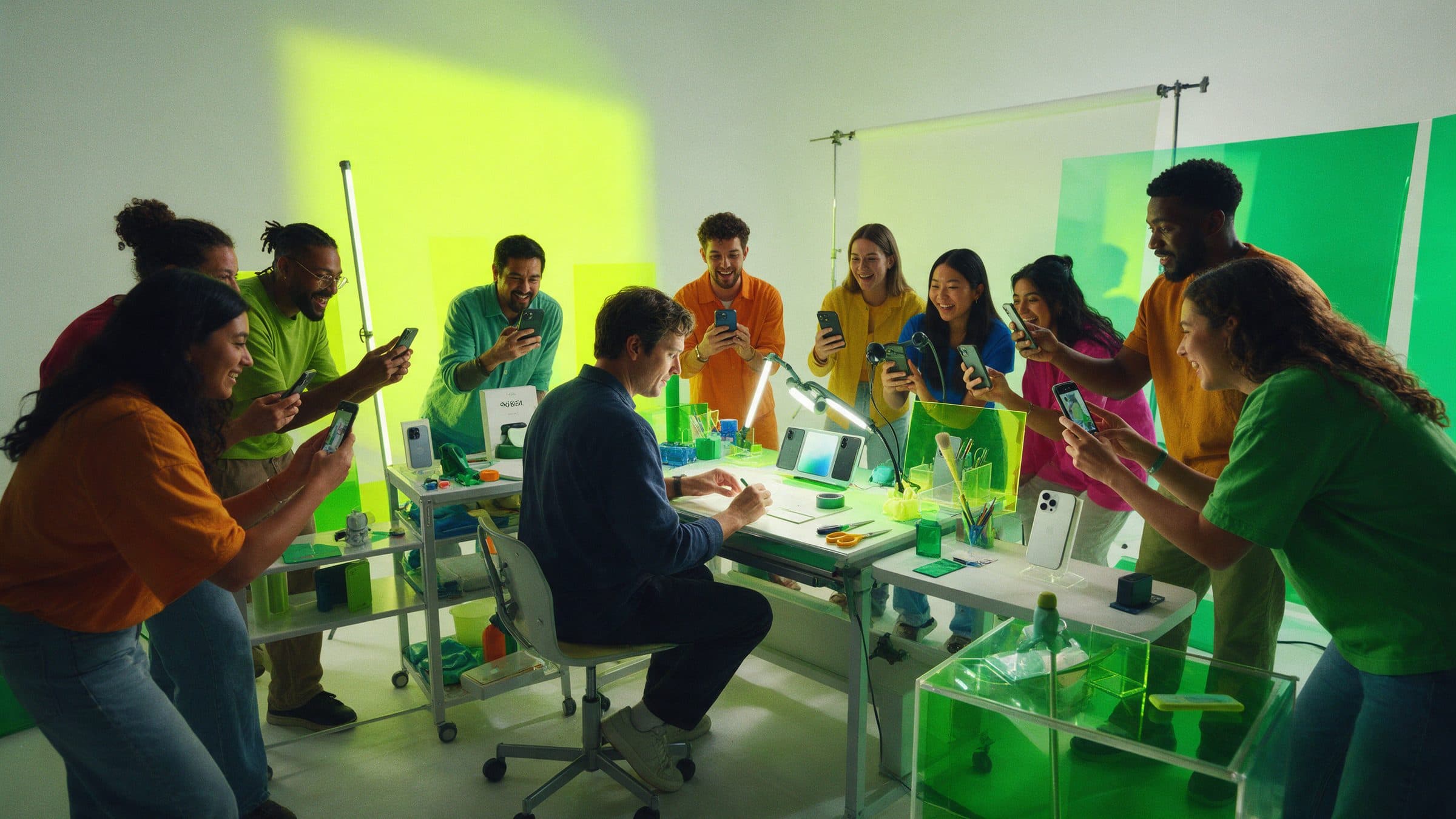A founder keeps building at his desk while creators around him film his product on their phones.